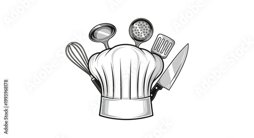 Chef hat with kitchen utensils.