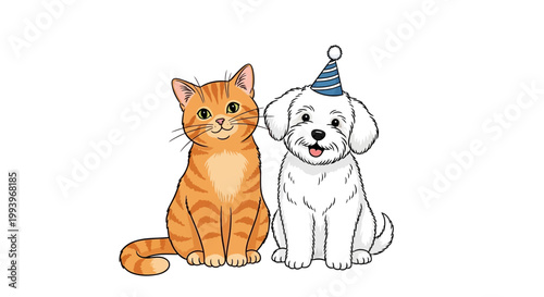 Cat and dog wearing party hat.