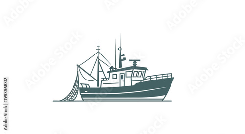 Fishing boat with nets on deck.
