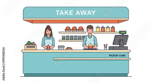 Food workers at take away counter.
