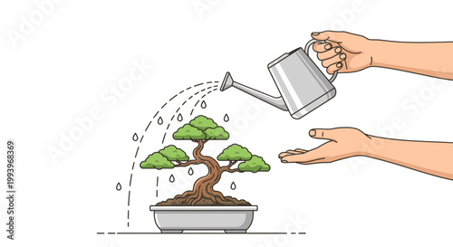 Hands watering a small bonsai tree.