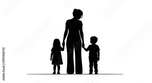 Silhouette of woman holding children.