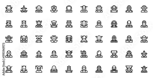 Science Fiction Avatars Icon Set. Alien, Cyborg, Galactic Traveler, Space Pirate, Humanoid, Robot, Bounty Hunter Vector Illustrations.