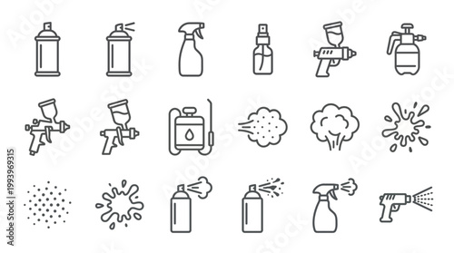 Spray icon set featuring aerosol cans, paint guns and trigger bottles in a modern thin line style, concept for industrial maintenance, professional cleaning and automotive workshop equipment