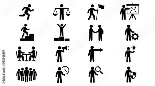 Black flat business person icons representing professional corporate actions and leadership skills on white background, concept for management dashboard, presentation and career development