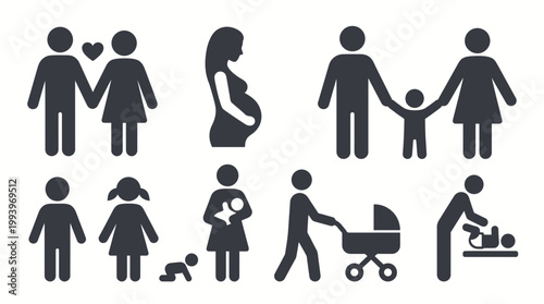 Set of family silhouette icons illustrating parenthood stages and pregnancy on white background, concept for life insurance marketing, healthcare services and human resources presentation