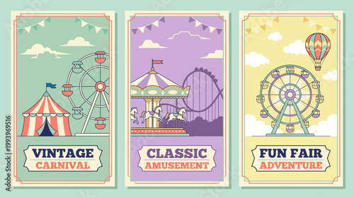 Set of three vintage amusement park vertical banners with circus tent, ferris wheel, roller coaster and carousel, concept for event invitation, festival banner and advertising