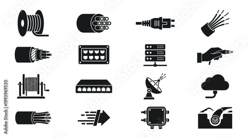 Collection of fiber optic cable icons and telecommunication hardware on white background, concept for network infrastructure, data transmission and high speed internet connectivity