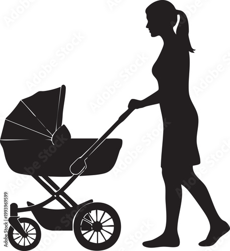 Silhouette of a mother walking with a baby stroller silhouette stroller