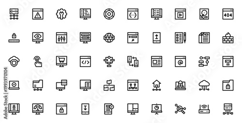 Web development icon set. Vector icons pack for design, coding, security and more. Includes symbols for programming, firewall, cloud, responsive design, optimization and usability.