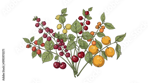 Vibrant Berry Bush Illustration for Food Packaging & Health Marketing