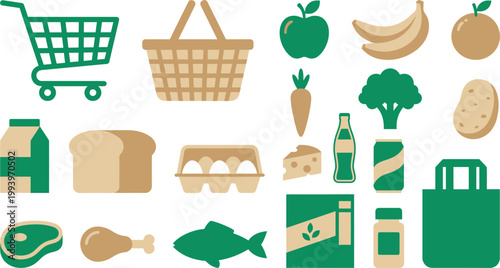 Colorful set of flat vector food icons featuring fresh grocery items, shopping carts and healthy meal essentials