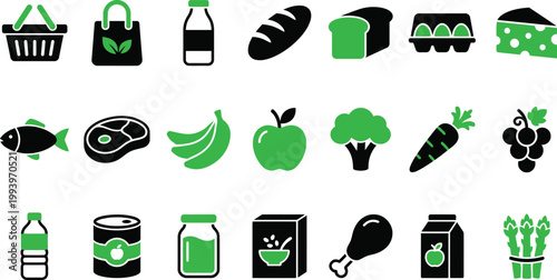 Collection of simple black and green icons representing various food and grocery items.