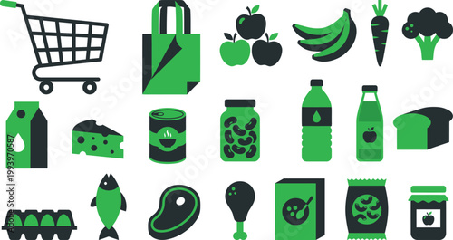 Stylized green and black flat icons depicting common grocery store products and shopping elements.