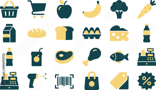 Collection of grocery icons including food, shopping cart, and checkout symbols