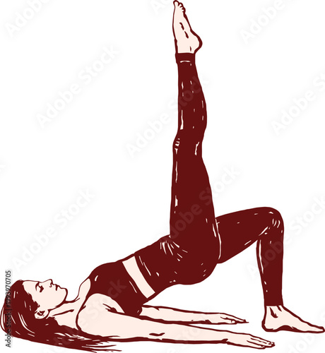 Woman exercising with one leg raised in a bridge pose on a white background, illustration