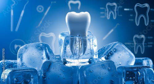 Glowing Digital Tooth on Ice Cubes A Symbol of Tooth Sensitivity and Advanced Oral Health Care, Set Against a Cool Blue Scientific Background