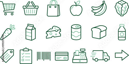 A comprehensive collection of green line icons representing essential groceries, shopping, and retail services.