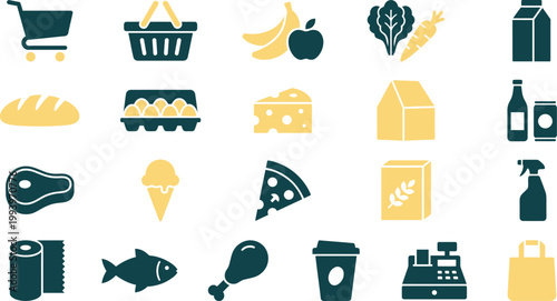 A comprehensive collection of grocery store icons, featuring various food products, fresh produce, essential household items, and shopping tools.