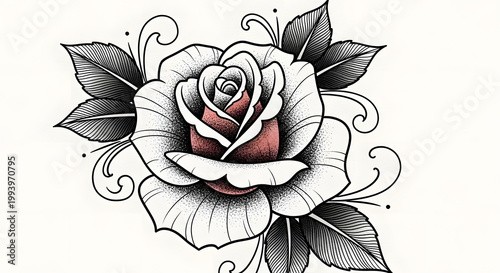 Elegant Black and White Tattoo Design of a Rose with Subtle Red Hues on Petals