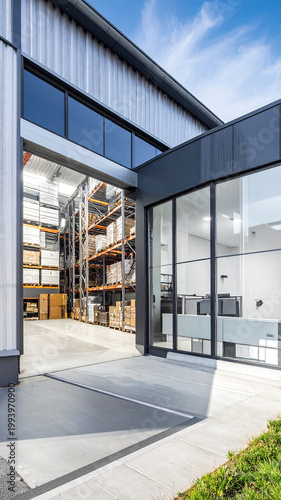 Warehouse Interior Loading Dock Entrance with Shelving Racks and Office Area View under