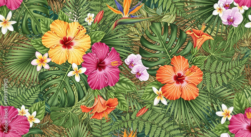 Vibrant Tropical Flower Pattern with Lush Green Foliage and Exotic Blooms