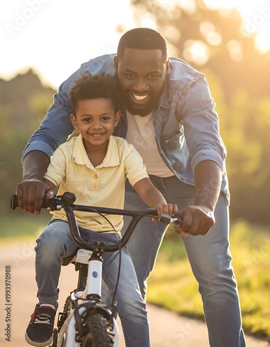 A man assists a child on a bike