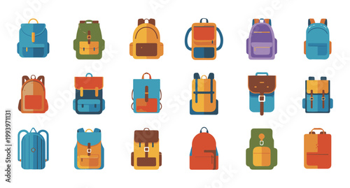 Set of colorful backpack icons for travel camping and school with various designs and shapes on white background icon.