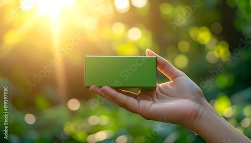 A hand holds a small green rectangle outdoors in sunlight