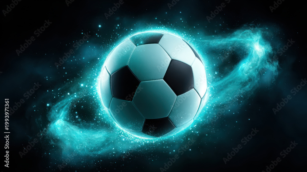 Fototapeta premium Soccer ball mid flight with swirling turquoise light on dark background, glowing sports sphere in motion