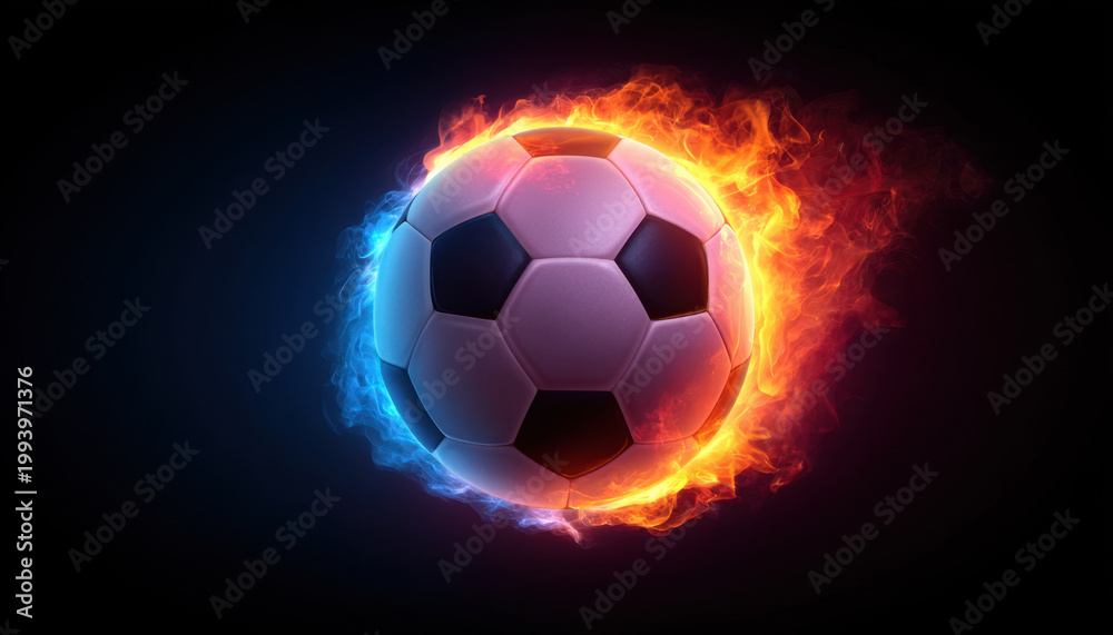 Naklejka premium Soccer ball fire flame ball sport flame blue orange black motion energy glow game round leather pattern isolated dark graphic design hot cold burn blazing futuristic dynamic competition