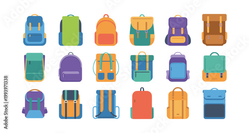 Minimalist backpack icons set for web and mobile apps colorful rucksack collection for hiking and school activities.