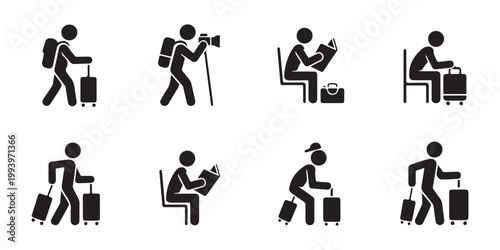 Traveler pictograms set showing people with suitcases and backpacks sitting reading and walking black silhouette icons.