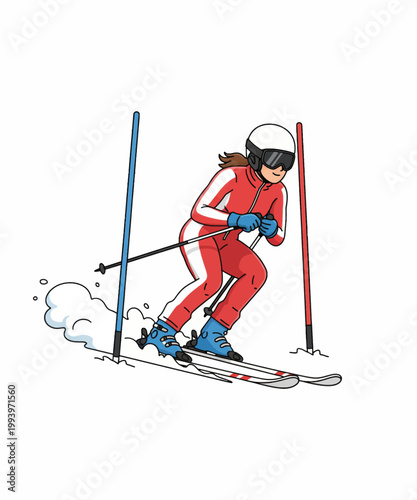 young girl skiing downhill in winter snow vector illustration