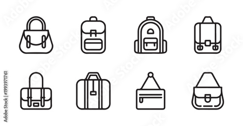 Assorted handbags and satchels icons including business briefcases and casual purses for fashion and professional.