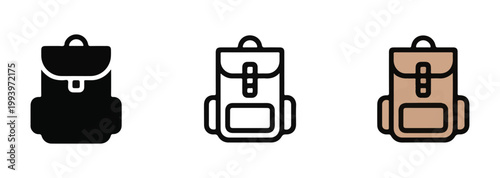Classic backpack icon three styles solid black outline and tan for outdoor trips.