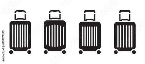 Baggage icon set featuring black silhouette suitcases with vertical stripes for travel and tourism vector designs.