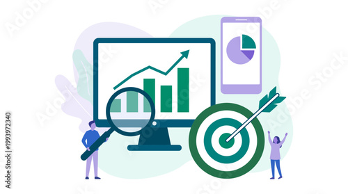 Financial analyst and marketing manager analyzing growth data on monitor with magnifying glass and target, concept for data visualization, business strategic planning and marketing achievement