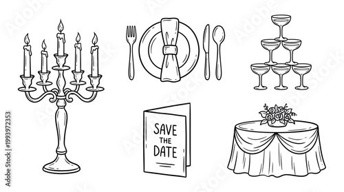 Hand drawn wedding event icons featuring candelabra plate setting champagne tower save the date card and banquet table, concept for wedding planning, luxury event and fine dining catering