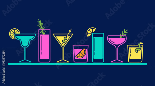 Colorful neon line art illustrations of diverse alcoholic cocktail drinks and garnishes on a dark blue background, concept for bar menu design, nightlife promotion and summer party invitation