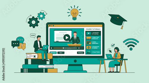Business analyst and office manager learning via online video course on computer monitor, concept for digital education, professional development and e-learning platform