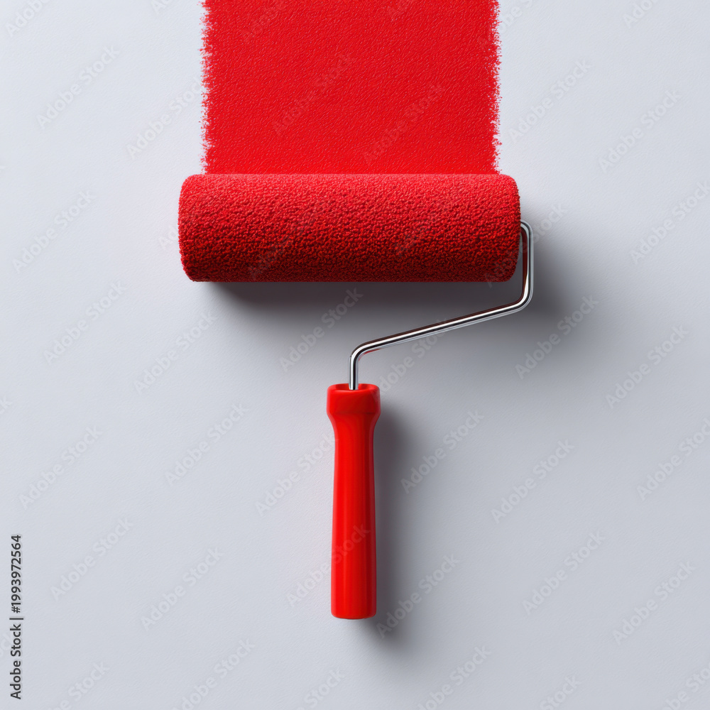 Obraz premium Paint roller red paint roller paint tool home improvement wall paint decorating tool interior paint renovation painting top view red handle brush metal cylinder texture equipment work manual diy