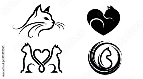 Set of black cat minimalist logo icons featuring elegant silhouettes and heart shapes on white background, concept for pet grooming branding, veterinary clinic identity and animal rescue advertising