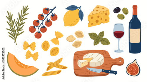 Hand drawn Italian food elements like wine, cheese, pasta, tomatoes and herbs on white background, concept for restaurant menu design, culinary blog illustration and Mediterranean diet promotion