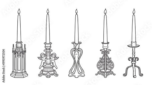 Hand drawn collection of vintage ornate candlesticks with burning candles in line art style on white background, concept for interior decoration, wedding stationery and antique branding