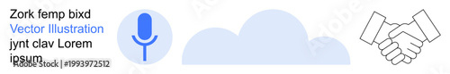 Voice technology, online data sharing, collaboration, business networking, remote work, cloud computing. Blue microphone icon, cloud and handshake icon. Voice technology and cloud computing concepts