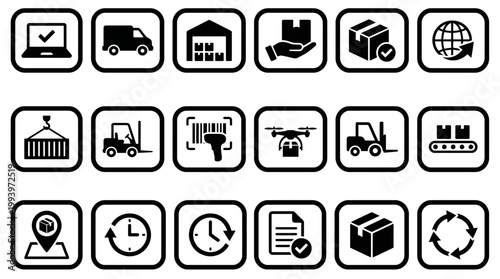 Collection of flat black logistics and shipping icons including delivery trucks, warehouse, drone and forklift, concept for supply chain management, warehouse operations and global distribution