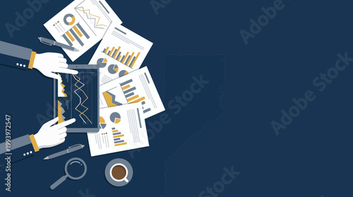Financial analyst hands using digital tablet over scattered business reports and charts on dark blue background, concept for annual data report, strategic planning and corporate financial auditing