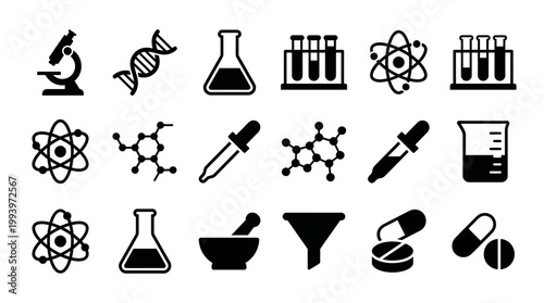 Science lab equipment icons set with microscope, flasks, test tubes, DNA, atoms and medical pills on white background, concept for chemical research, pharmaceutical branding and lab design
