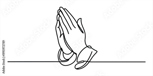 Single line drawing of praying hands, religious gesture, hope, faith, gratitude Vector, illustration
